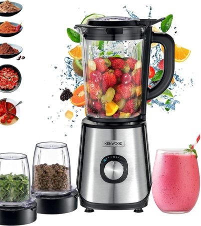 KENWOOD Glass Blender 1000W Power Blender Smoothie Blender-Smoothie Maker 1.5L with Grinder Mill, Chopper Mill, Ice Crush Function BLM45.720SS Black-Silver-06 mois garantis