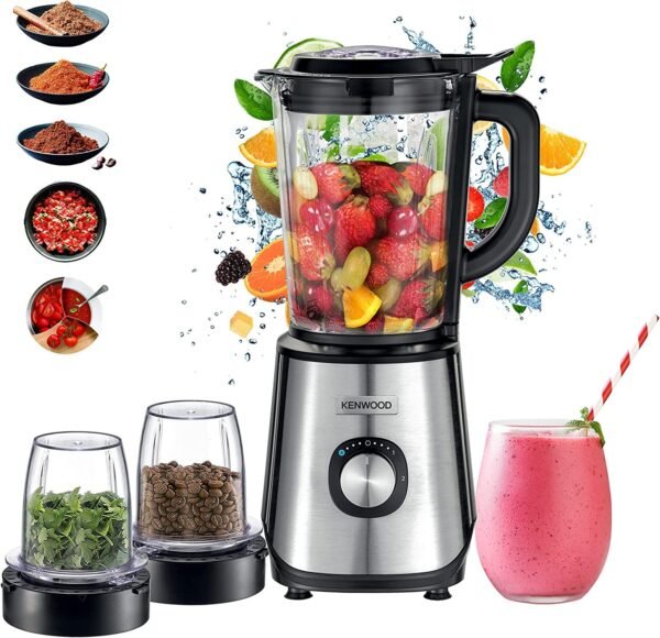 KENWOOD Glass Blender 1000W Power Blender Smoothie Blender-Smoothie Maker 1.5L with Grinder Mill, Chopper Mill, Ice Crush Function BLM45.720SS Black-Silver-06 mois garantis