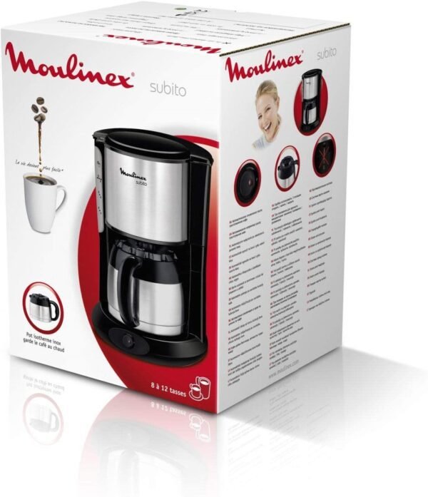 Moulinex FT360811 Cafetière Filtre Subito Isotherme 8-12 Tasses Verseuse Inox Anti-Goutte Maintien au Chaud 4 Heures 0.9l Café Noir – 06 mois g