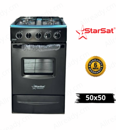 Cuisinière à gaz StarSat - Acier inoxydable - 4 Foyers - 50 × 50 – Noir- 06 mois de garantie