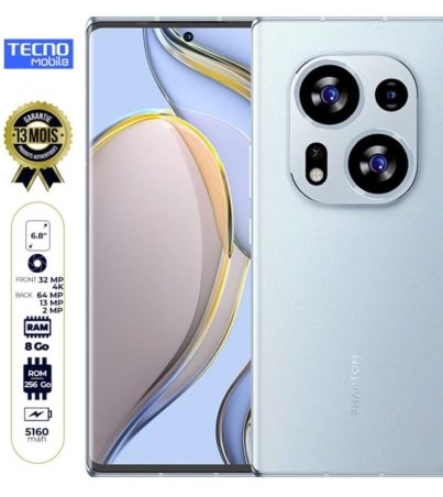 Tecno PHANTOM X2 - Ecran incurvé 6.8 - 256 Go-8Go RAM - 2 SIM - 64MP+13MP+2MP 4K-32MP - 5160mAh - Garantie 12 Mois