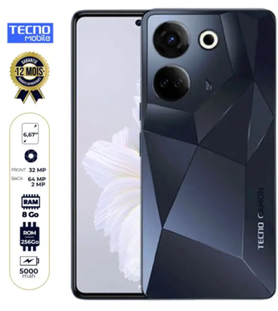 Tecno Camon 20 - ( CK6) - 256 Go/8Go RAM - 6.67" - Dual NANO SIM - 64 MP + 2MP/32 MP - 5000mAh - Garantie 12 mois