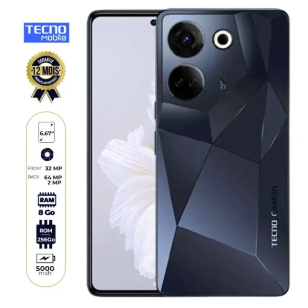 Tecno Camon 20 - ( CK6) - 256 Go/8Go RAM - 6.67" - Dual NANO SIM - 64 MP + 2MP/32 MP - 5000mAh - Garantie 12 mois