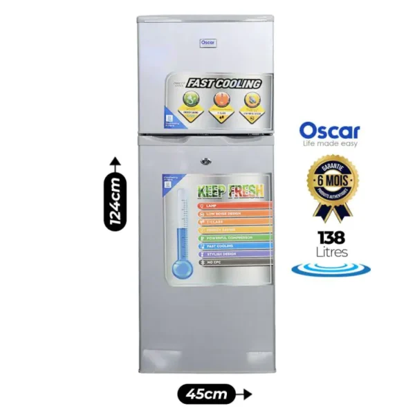 Type de produit: Réfrigérateur   Marque: Oscar   Reférence: OSC-R165S   Couleur: Gris claire   Capacité: 138 Litres   Capacité du congélateur: 104 Litres   Capacité du réfrigérateur: 34 Litres   Économique en énergie Classe énergétique (A)   Potentiel consommation annuel: 179 Kw   Faible nuisance sonor: 40dB   Réfrigérateur avec Lamp et régulateur de température  Trois étagères de rangement interchangeable et amovible en verre,
