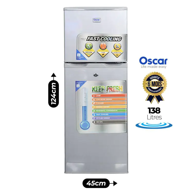 Réfrigérateur Double battants Oscar - OSC-R165S - 138 Litres - Gris Claire  - Garantie 06 mois