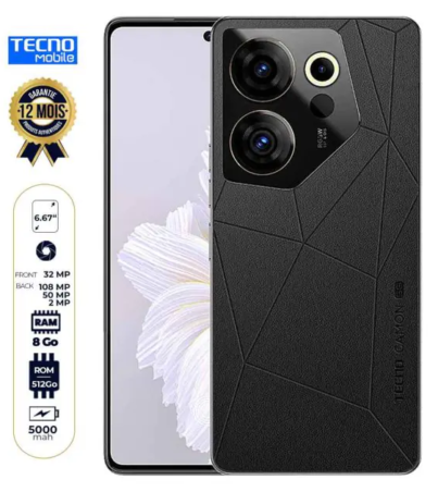 TECNO Camon 20 Premier 5G - 512 Go/8Go RAM - 6.67" - Dual Nano Sim - 50MP+108MP+2MP/32MP - 5000mAh - Empreinte digitale - Garantie 12 mois