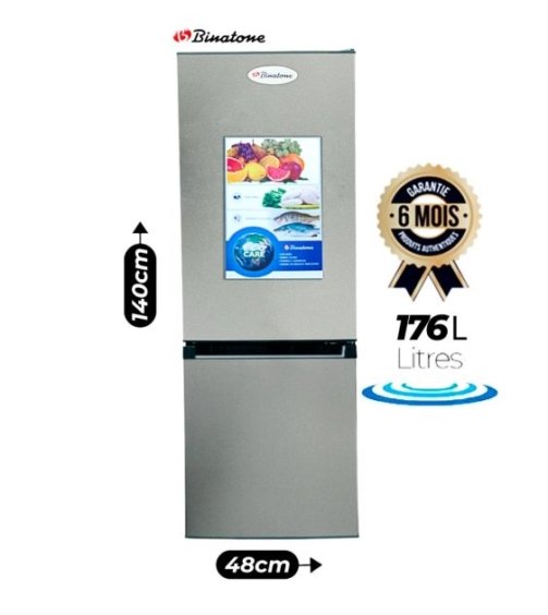Réfrigérateur Combiné BINATONE - FR205 - Capacité 176 litres - 2 portes - 3 tiroirs - classe énergétique T - Gris - 6 Mois de Garantie