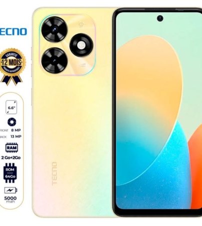 Tecno Pop 8 - 64 Go - 2 Go + 2 Go RAM Extensible - 6.6" - 5000mAh - 13MP/8MP - Dual Nano SIM - 4G LTE - Garantie 12 Mois