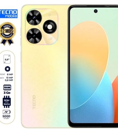 Tecno Pop 8 (bg6i) - 64 Go/4Go RAM - 6.6" - 5000mAh - 13MP/8MP - Dual Nano SIM - 4G LTE - Empreinte digitale - Garantie 12 Mois