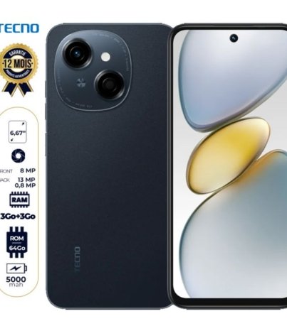 Tecno Pop 9 (KL4) - 64 Go - 3 Go + 3 Go RAM - 6,67" - 13MP/8MP - 5000mAh - Double Nano sim - 4G LTE - Avec empreinte digitale - télécommande infrarouge - Garantie 12 mois
