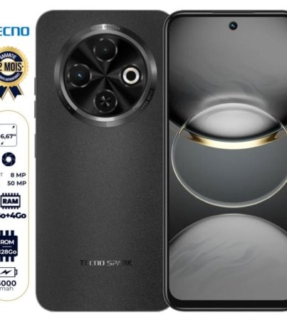 Tecno Spark 30C (KL5) - 128 Go - 4 Go + 4 Go RAM - 6,67" - 50 MP/8 MP - Double Nano Sim - 5000 mAh - 4G LTE - Avec empreinte digitale - Garantie 12 mois